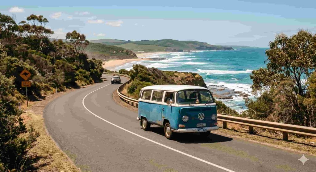 Blue Kombi van driving along oceanfront winding road, symbolizing journey, exploration, and community outreach.
