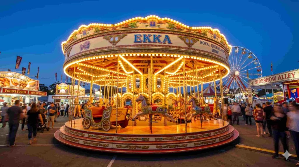 Merry-go-round attraction lit up during night time, symbolizing joy, community celebration, and shared experiences.