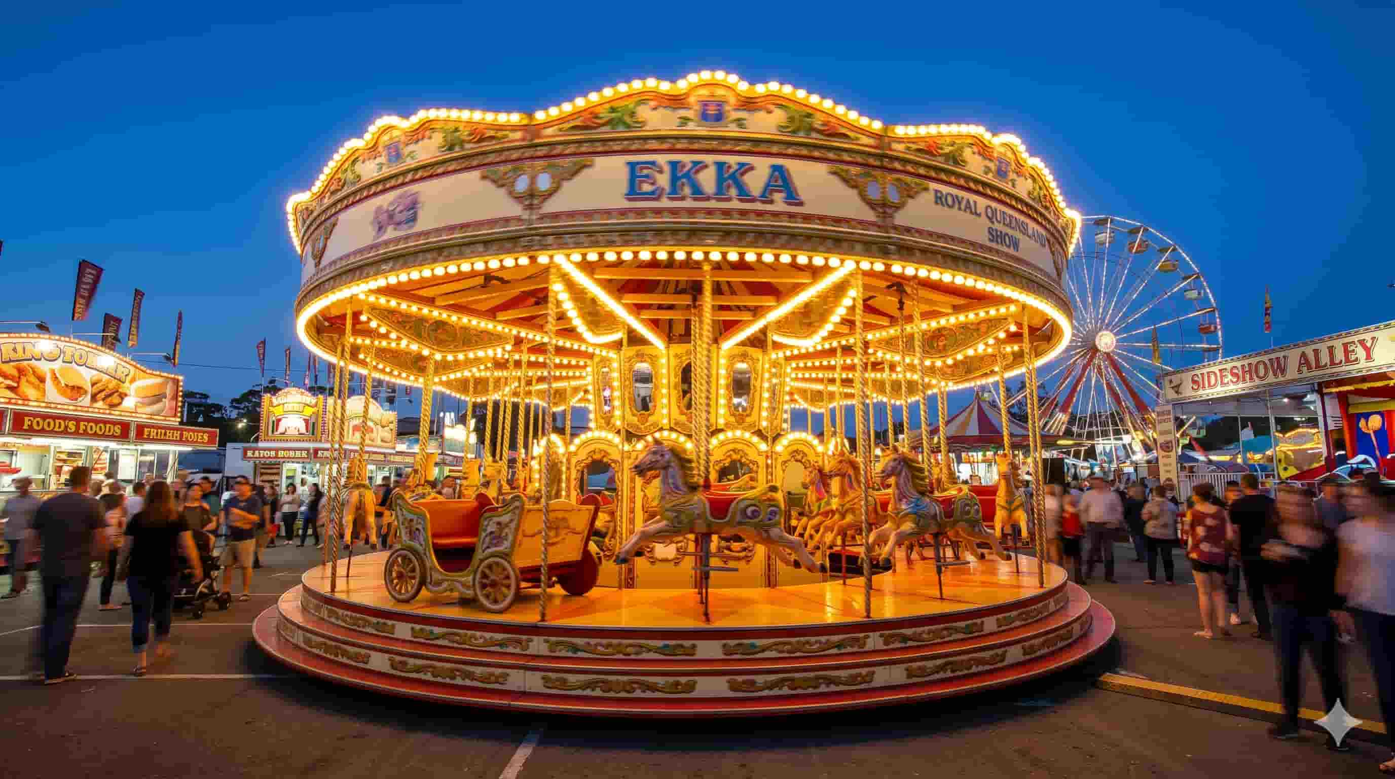 Merry-go-round attraction lit up during night time, symbolizing joy, community celebration, and shared experiences.