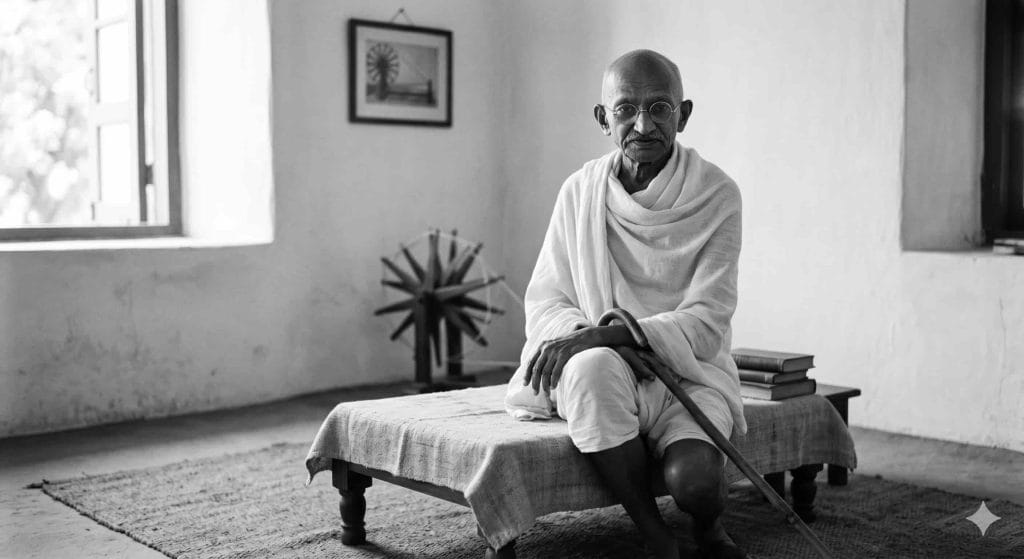 Photo of Gandhi sitting in room, symbolizing leadership, peace, and the power of inclusive dialogue and civic participation.