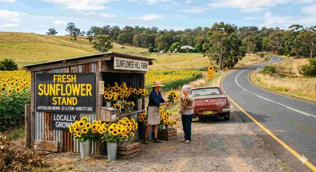 Sunflower seller on roadside selling sunflowers to customer, symbolizing grassroots enterprise, community connection, and warmth.
