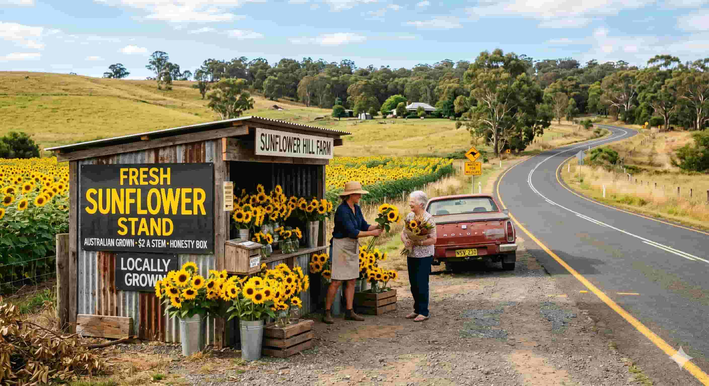 Sunflower seller on roadside selling sunflowers to customer, symbolizing grassroots enterprise, community connection, and warmth.