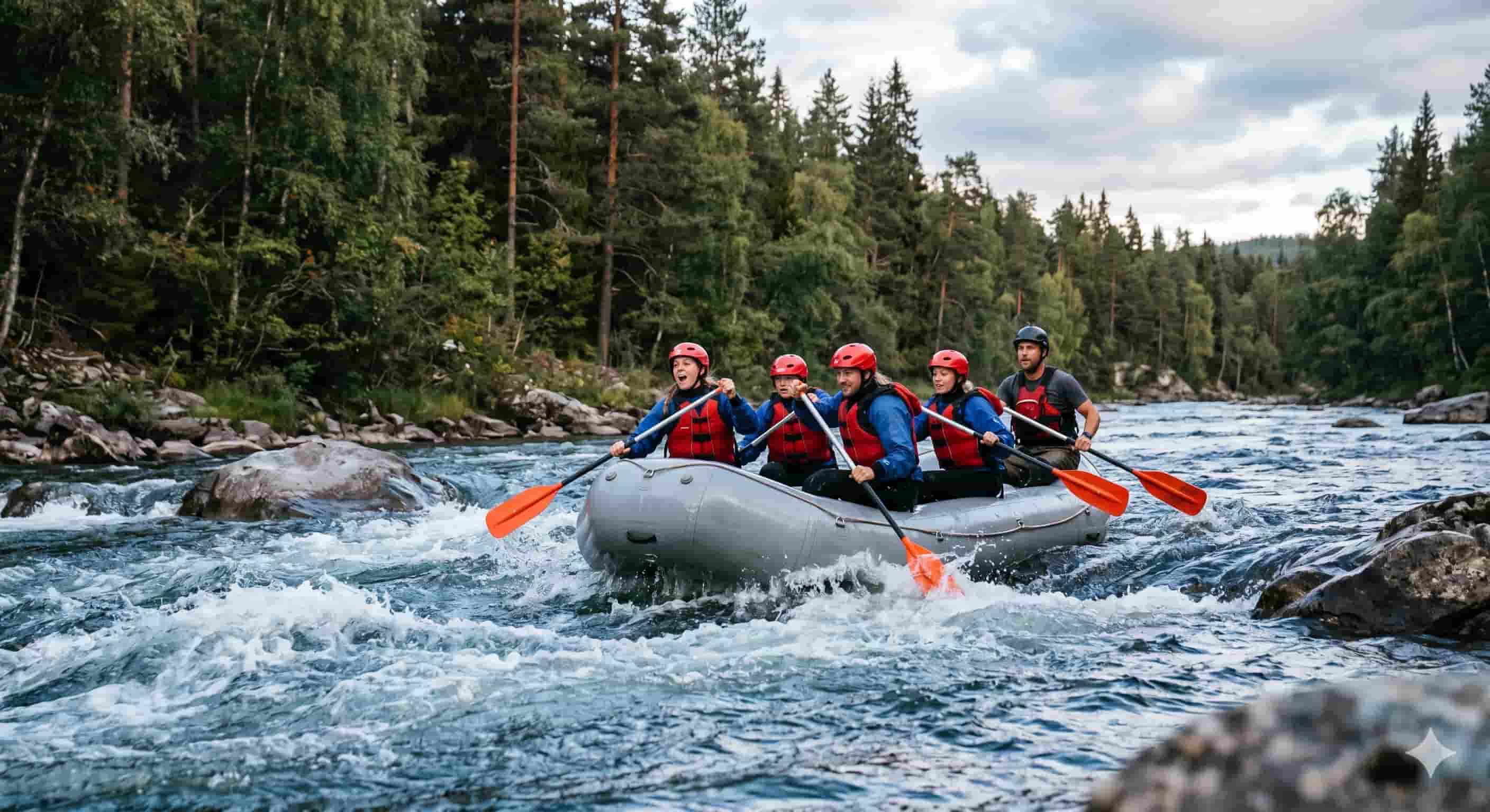 Team rafting together on river rapids, symbolizing teamwork, trust, and collective effort in overcoming challenges.